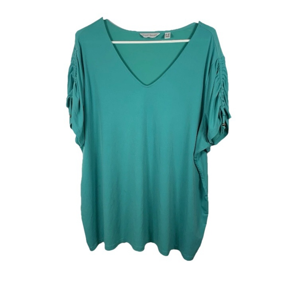 Susan Graver Liquid Knit Tunic Size 2XL‎ Aqua Blue V Neck 3/4 Ruched Tie Sleeves